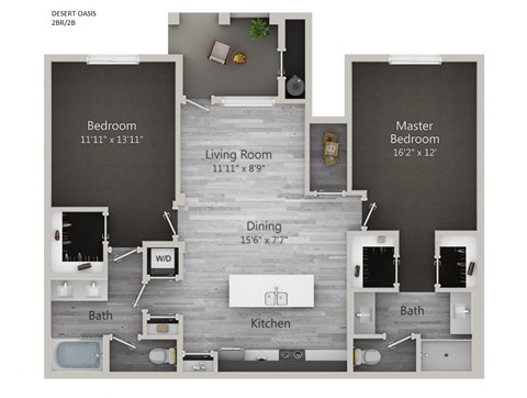 Desert Oasis 2BR 2BA 2D Floor Plan